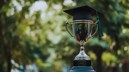 Graduation cap and trophy on a pedestal in the park.の素材