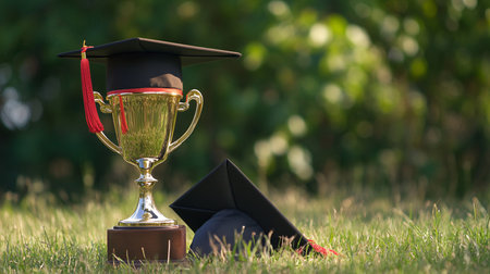 Graduation cap and golden trophy in church, shallow depth of fieldの素材