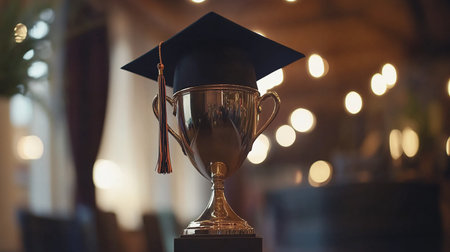Graduation cap and trophy in front of school building. Education conceptの素材