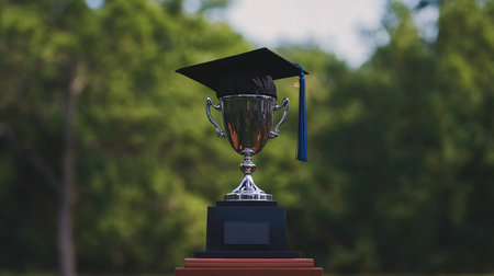 Graduation cap and trophy on table in a conference room. Education conceptの素材