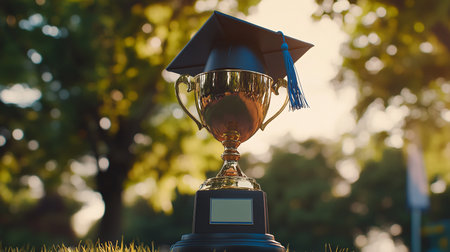 Graduation cap and trophy on blurred background, education and success conceptの素材