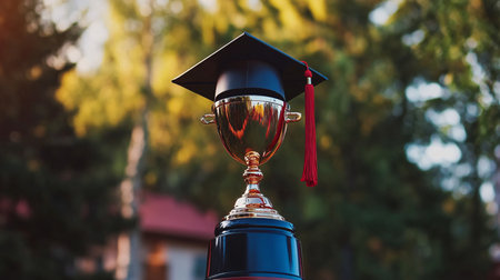 Graduation cap and trophy cup on a pedestal with blurred backgroundの素材