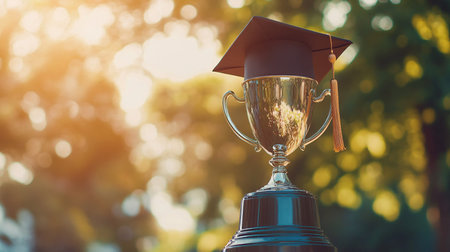 Graduation cap and golden trophy cup on blurred background. Education conceptの素材