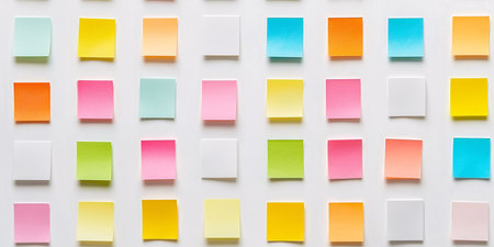 Colorful sticky notes isolated on white background. Flat lay, top view.の素材