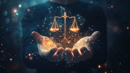 View of a Businessman holding justice scales icon surrounded by data - 3d renderingの素材