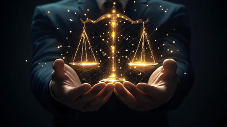 Close up of businessman hands holding scales of justice over dark background. Law and justice conceptの素材