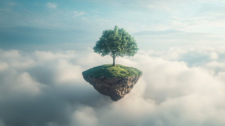Lonely tree on island in the clouds. 3d renderの素材