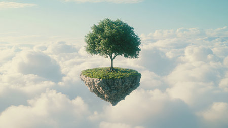 Green tree on island in the clouds. 3d render illustration.の素材