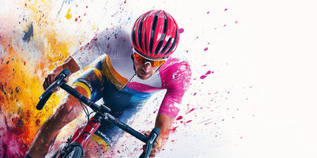 Cyclist Riding the Bike on Colorful Splash Background with copy space. Extreme Sport Concept.の素材