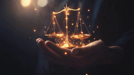 Close up of businessman hand holding scales of justice with bokeh backgroundの素材