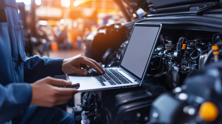 auto mechanic working with laptop computer and checking car engine in auto repair shopの素材