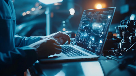 Engineer working on a laptop at the factory. Industrial background.の素材