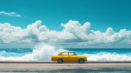Vintage yellow car on the beach with blue sky and clouds.の素材