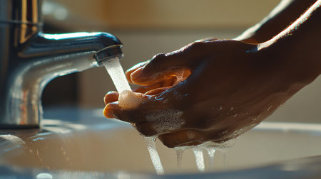 Washing hands with soap under running water. Hygiene concept.の素材