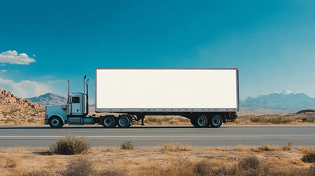 A modern semi-trailer truck with a blank white billboard standing on the side of a highway.の素材