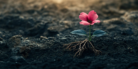 Flower growing on soil with sunlight and copy spaceの素材