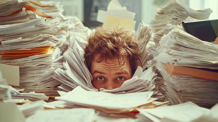 Businessman with a lot of paperwork in the office. Toned imageの素材