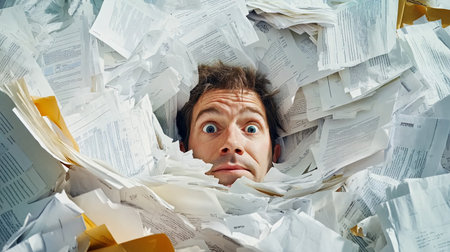 Scared businessman lying in a pile of papers and looking at cameraの素材