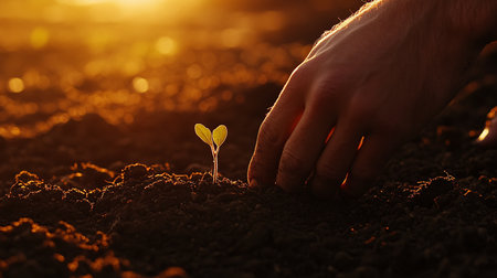 Human hand planting seedlings in fertile soil at sunset, closeupの素材