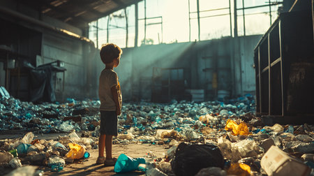 Little boy collect plastic waste in the trash dump. Environment pollution concept.の素材