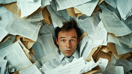 Overhead view of frustrated businessman lying on pile of papers and looking at cameraの素材