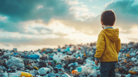 Cute little boy collecting plastic waste in the trash dump. Ecology conceptの素材