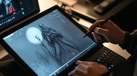 Hands of a man holding a stylus pen and drawing on a digital tabletの素材