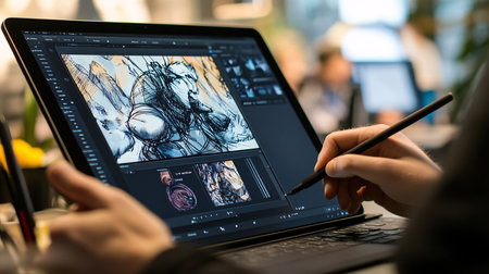close up of woman hands working with tablet pc computer at home officeの素材