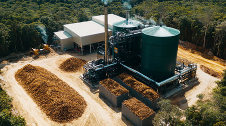Aerial view of industrial plant with silos and machinery during harvest timeの素材