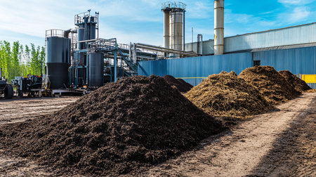 Pile of compost on the background of a large industrial building.の素材