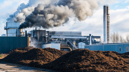 Industrial landscape with large chimneys of thermal power plant in Polandの素材