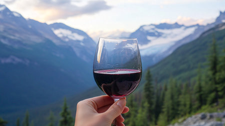 Woman hand holding a glass of red wine on the background of mountainsの素材