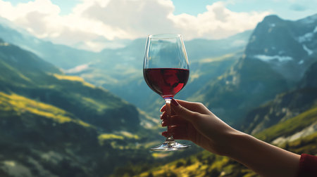 Female hand holding a glass of red wine on the background of mountains.の素材
