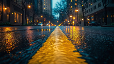 Rainy day in the city. Yellow line on the road.の素材