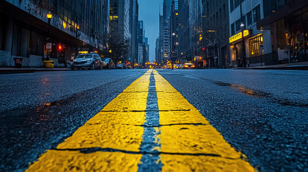 Yellow line on the road in Chicago, United States of America.の素材