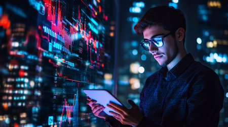 Portrait of young businessman using tablet in the city at night.の素材