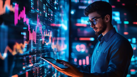Portrait of young businessman using tablet while standing in data center.の素材