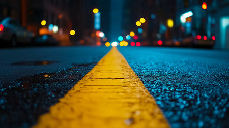 Yellow line on the road in the city with blurred background of cars and lightsの素材