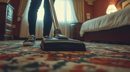 Vacuum cleaner cleaning carpet in hotel room. Vacuum cleaner cleaning carpet in hotel room.の素材