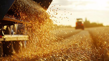 Combine harvester working on a wheat field at sunset.の素材