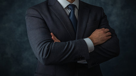 Businessman standing with arms crossed on dark background. Close up.の素材