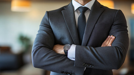 Businessman standing with arms crossed in office, close-up.の素材