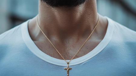 Close up of a man's neck with a gold necklace on itの素材