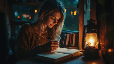 Young woman sitting at a table with a book and a lantern in the eveningの素材