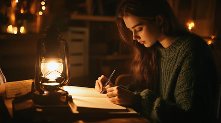 Beautiful young woman writing in notebook while sitting at table in eveningの素材