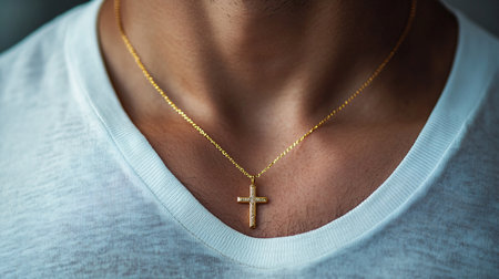Close up of a cross on the neck of a young man.の素材