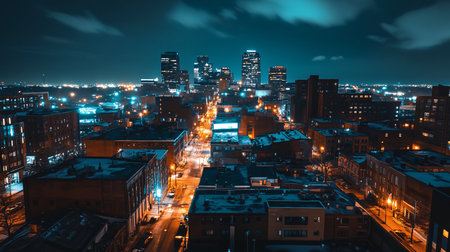 Aerial view of Boston skyline at night, Massachusetts, USA.の素材