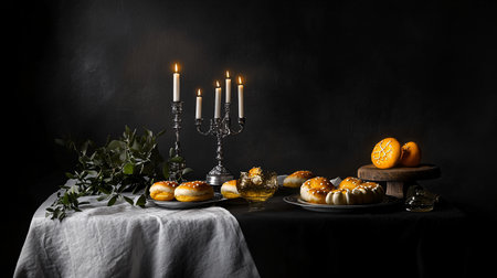 Jewish holiday Hanukkah background with menorah (traditional candelabra) and doughnutsの素材
