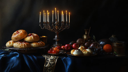 Image of jewish holiday Hanukkah with menorah (traditional candelabra) and breadの素材