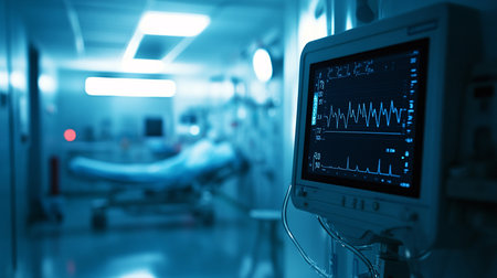 Close up of ECG monitor in operating room, healthcare and medical conceptの素材
